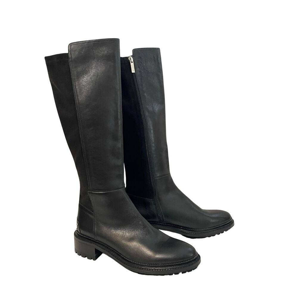 Aquatalia Omara Women's Knee High Boot Black Leather Suede Lug Sole Studded 9.5